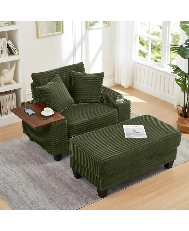 Streamdale Furniture Corduroy Sofa Bed with Ottoman, Bluetooth, Usb