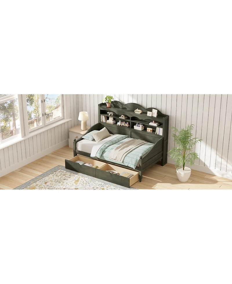 Streamdale Furniture Retro Wooden Twin Daybed with Storage Drawers and Headboard Shelves