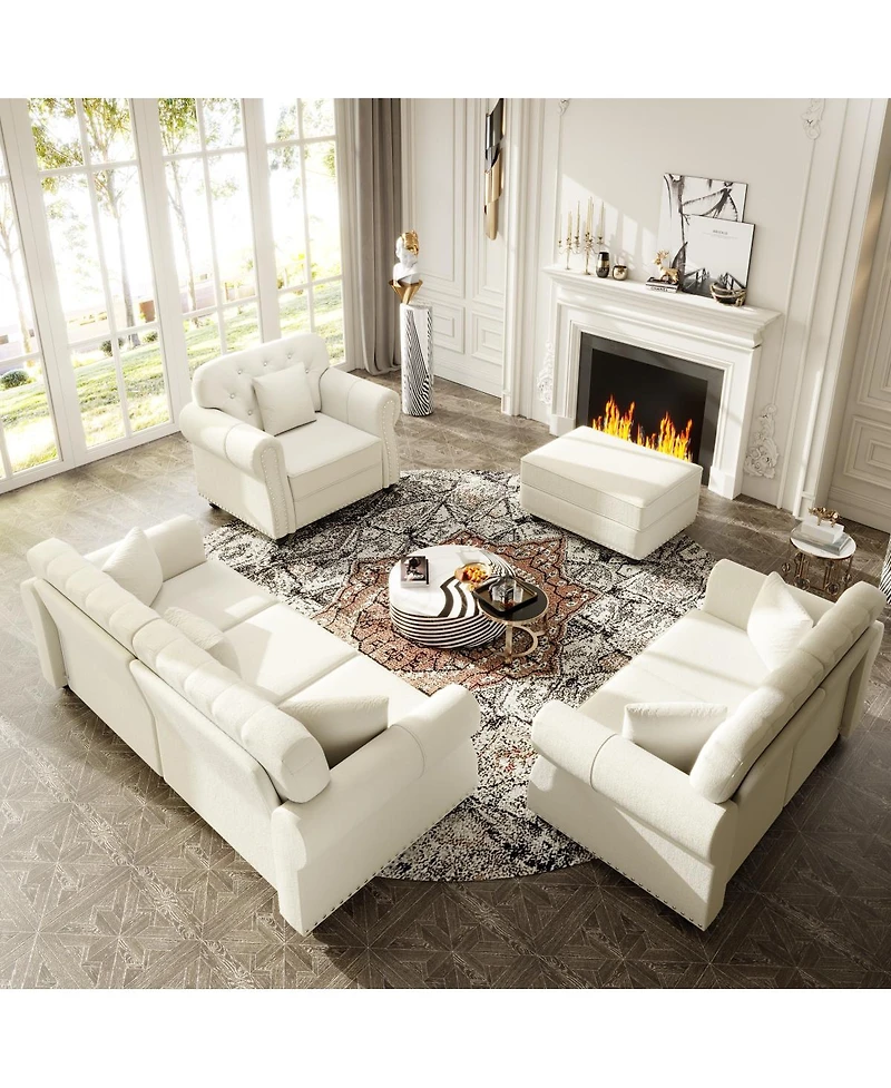 Streamdale Furniture Velvet Nailhead Rolled Arm Sofa with Ottoman