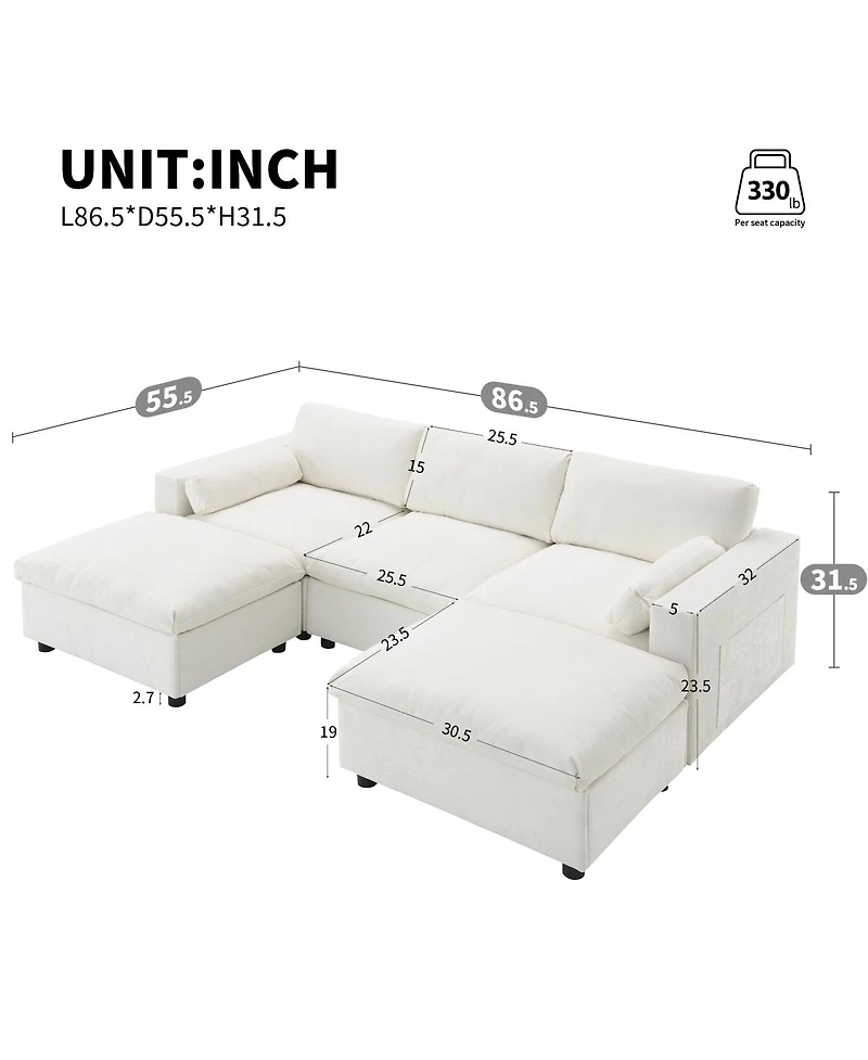 Streamdale Furniture U-Shaped Sectional Sofa with Storage, 2 Ottomans, 5-Seat Cloud Sofa