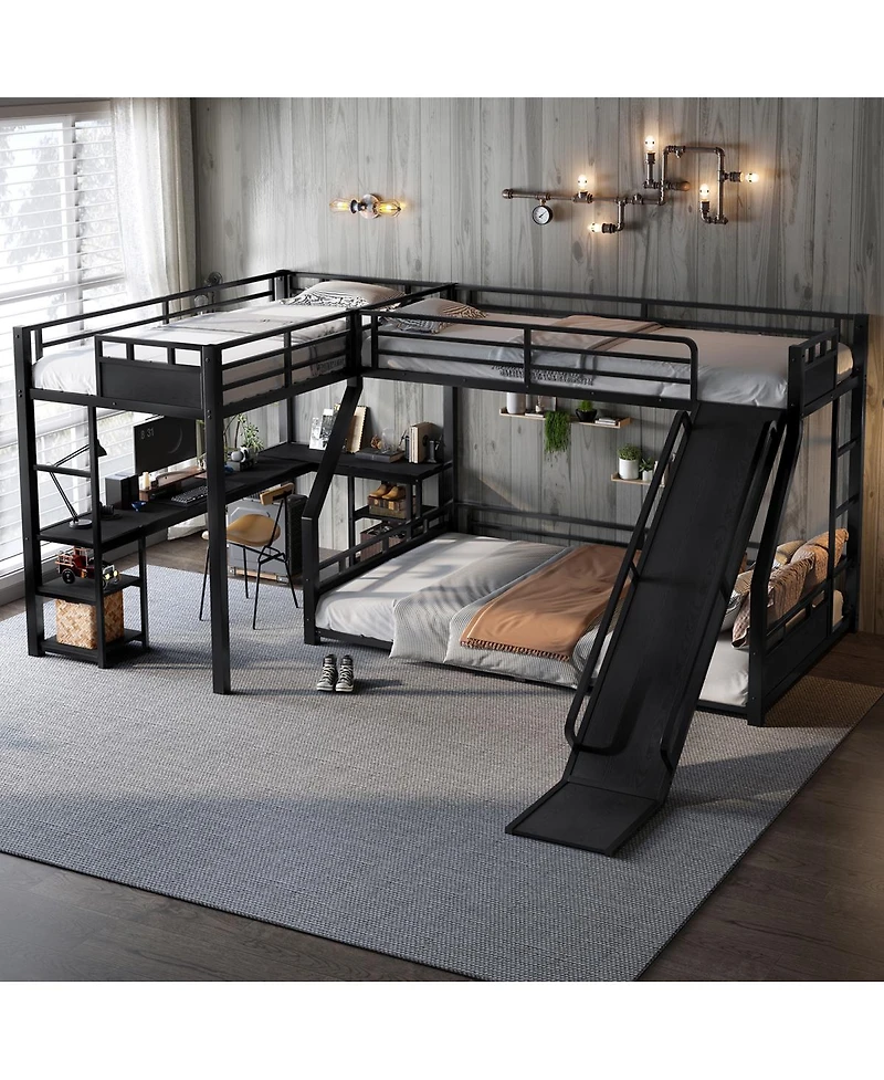 Streamdale Furniture L-Shaped Metal Triple Bunk Bed with Slide, Desk, Usb