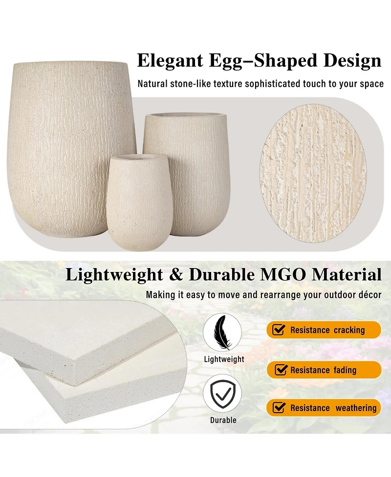 Asagikoiai Egg-Shaped Mgo Outdoor Planter Set of 3, Stone-Look Design
