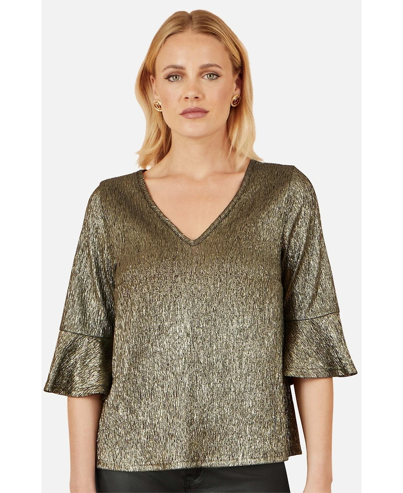 Yumi Women's Fluted Sleeve Metallic Stretch Top