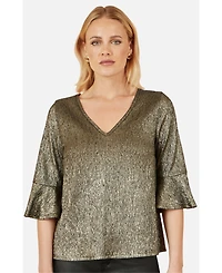 Yumi Women's Fluted Sleeve Metallic Stretch Top