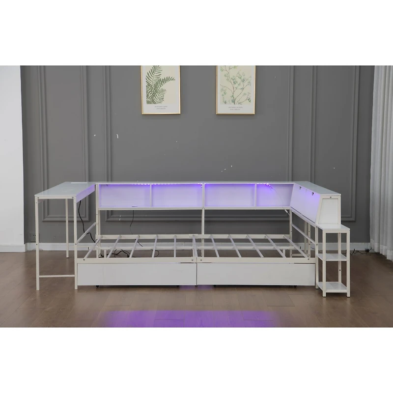 Streamdale Furniture Bed With Bookcase, Led, Charging, Storage Drawers