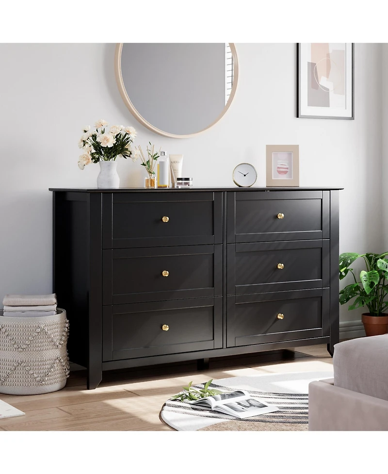 homfan 6-Drawer Farmhouse Dresser, 53.9" Wide Wood Storage Chest with Deep Drawers for Bedroom, Hallway and Living Areas