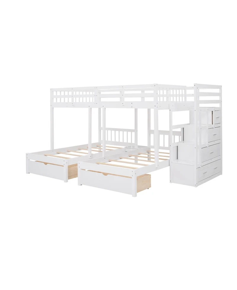 Streamdale Furniture Wood Triple Bunk Bed with Drawers and Guardrails