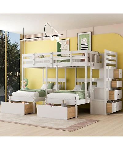 Streamdale Furniture Wood Triple Bunk Bed with Drawers and Guardrails