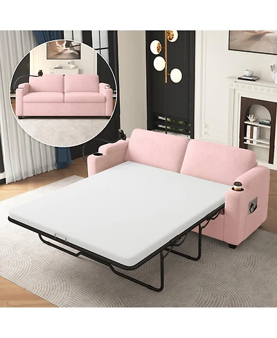 Streamdale Furniture Corduroy Sleeper Sofa with Mattress, Usb, Cup Holders and Pockets