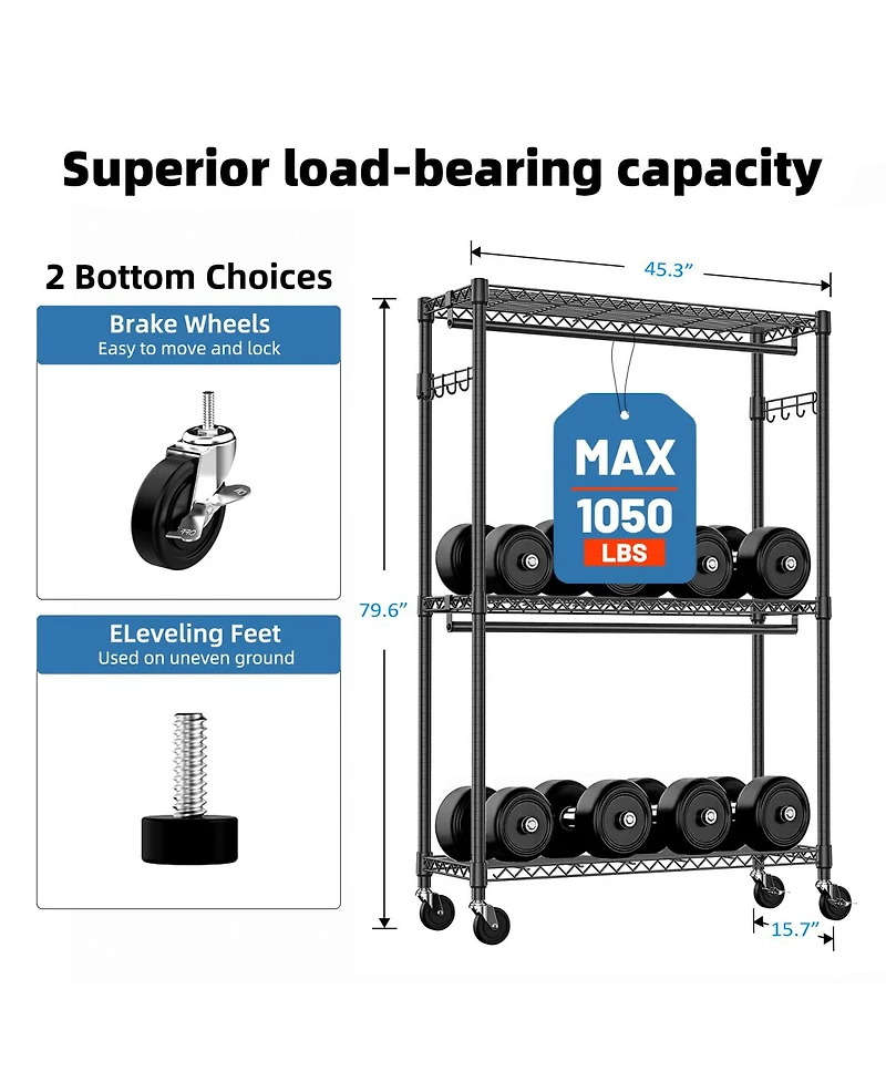 Streamdale Furniture Heavy Duty Rolling Garment Rack with Shelves and Hooks