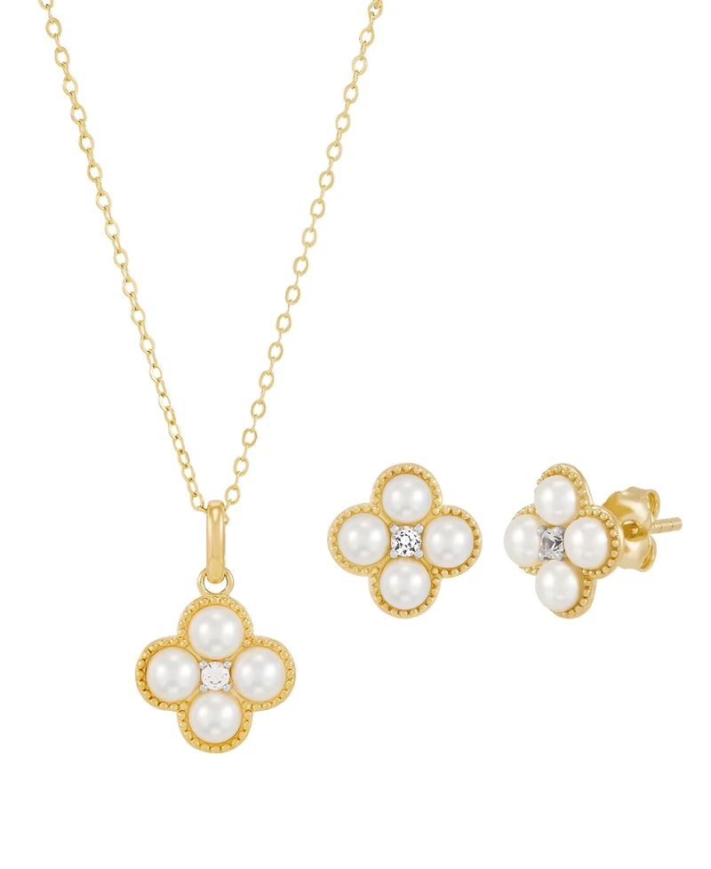 Macy's 2-Piece Cultured Freshwater Pearls & Lab Grown White Sapphire (1/6 ct. t.w.) Necklace and Earring Set in 14k Yellow Gold-Plated Sterling Silver