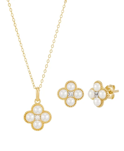 Macy's 2-Piece Cultured Freshwater Pearls & Lab Grown White Sapphire (1/6 ct. t.w.) Necklace and Earring Set in 14k Yellow Gold-Plated Sterling Silver