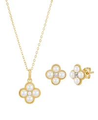 Macy's 2-Piece Cultured Freshwater Pearls & Lab Grown White Sapphire (1/6 ct. t.w.) Necklace and Earring Set in 14k Yellow Gold-Plated Sterling Silver