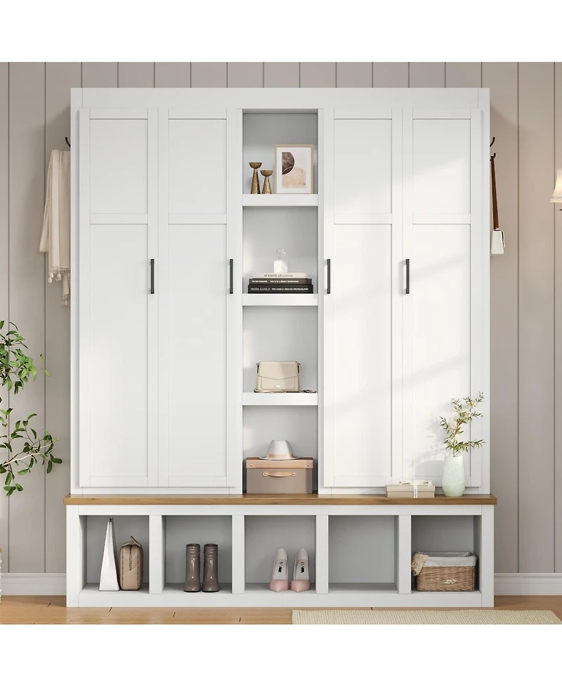 Streamdale Furniture Farmhouse 4-in-1 Hall Tree with Hooks and Bench