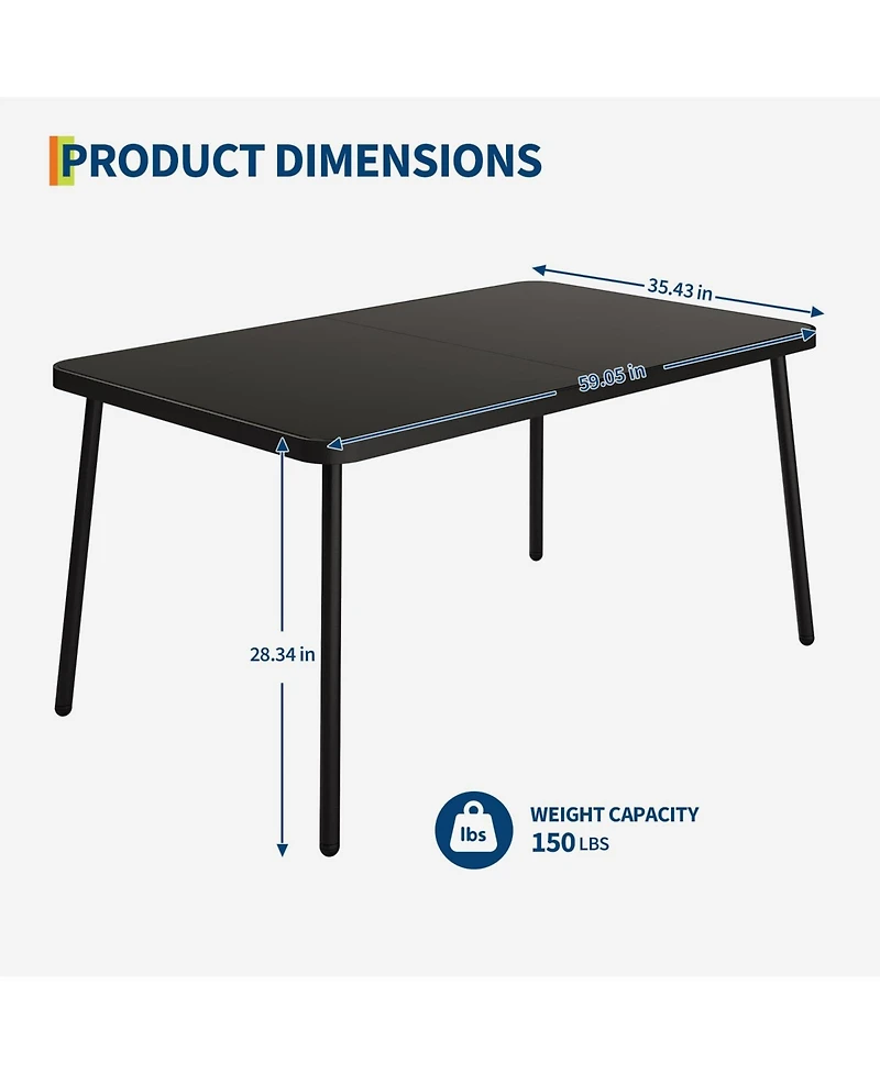 homfan Tempered Glass Patio Dining Table with Metal Frame, in Rectangular Table for 6 People
