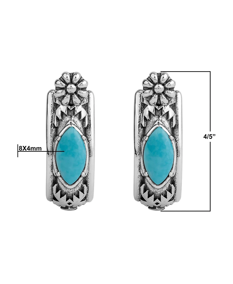 American West Jewelry Sterling Silver Kingman Turquoise Marquise Cut Huggie Hoop Earrings