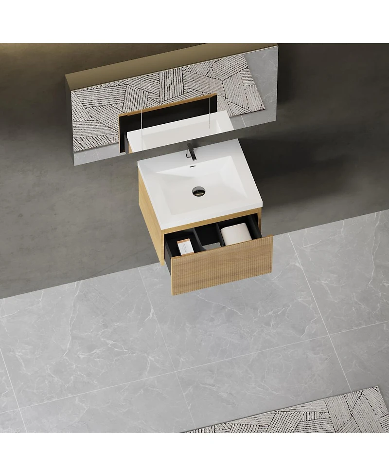 Sillysis Wall Mounted Bathroom Vanity, Glossy Stone Resin Sink, Oak Wave Textured Drawer