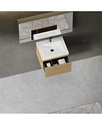Sillysis Wall Mounted Bathroom Vanity, Glossy Stone Resin Sink, Oak Wave Textured Drawer