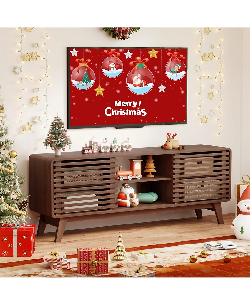 Gymax Tv Stand w/Sliding Doors Adjustable Shelves and Rubber Wood Legs for TVs up to 65''