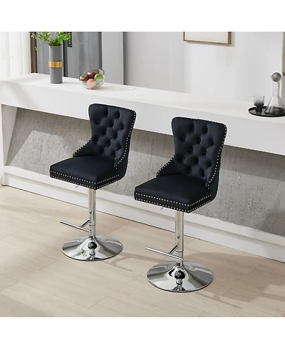 Cilihome Thick Chrome Swivel Velvet Barstools,Adjustable "Height,Modern Upholstered with" Base,Tufted ButtonsandDiamond Pleating ( Set of 2)