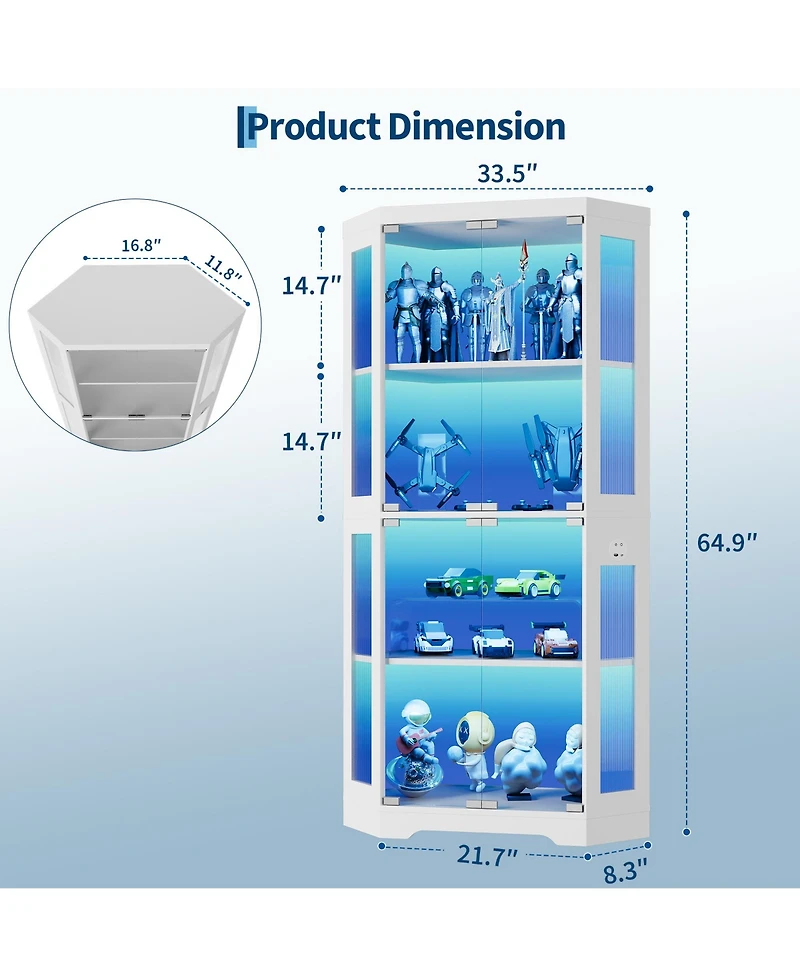 homfan Hexagon Corner Display Cabinet with Tempered Glass Doors, Motion Sensor Led Lighting and Built-In Usb/Usb-c Charging Ports