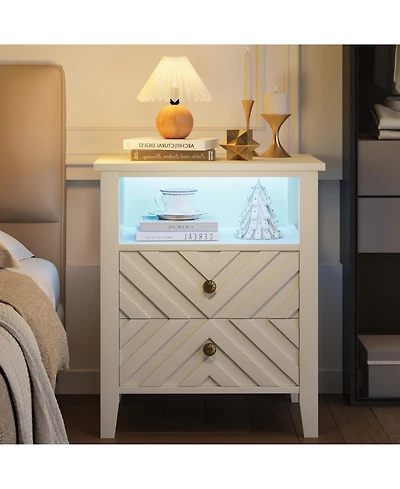 homfan Farmhouse Led Nightstand with 2 Drawers, V-shaped Design and Open Shelf, Rustic Bedside Table for Bedroom