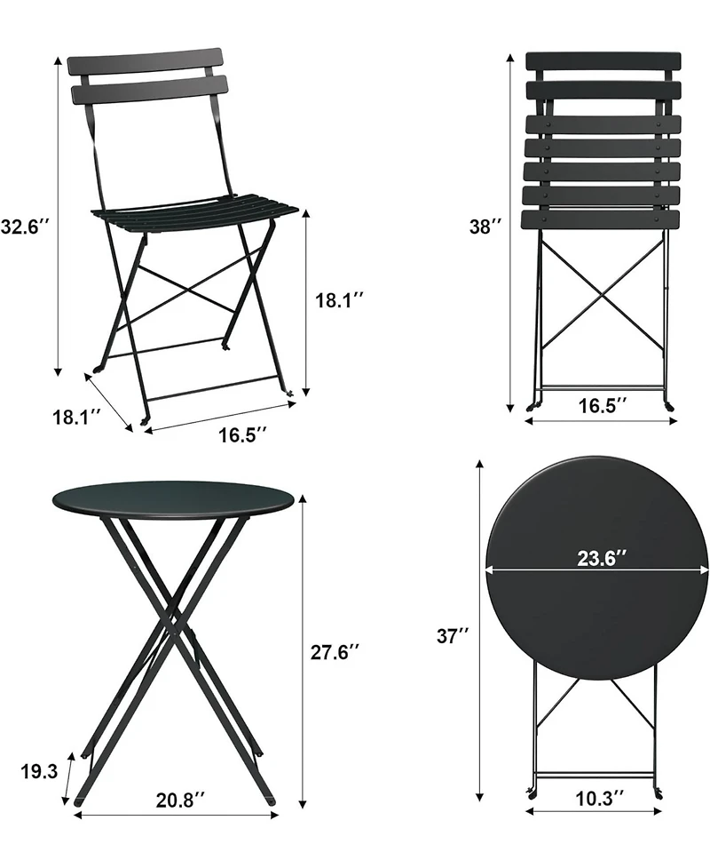 GarveeLife 3-Piece Outdoor Folding Bistro Set with 2 Chairs and Table, Weather-Resistant Steel Patio Furniture for Balcony or Porch