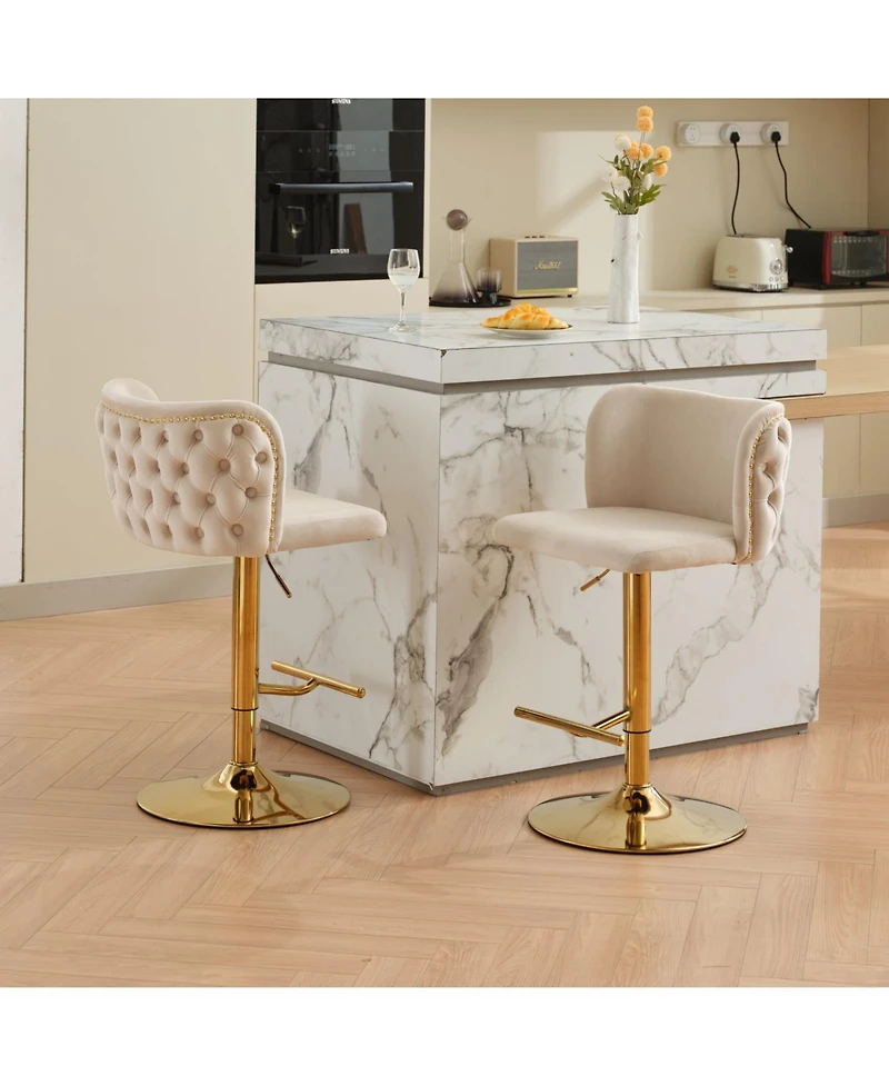 Clihome Swivel Barstools Adjusatble Seat Height With Gold-plating Base, Classic Velvet Upholstered Bar Stools with the whole Back Tufted,Set of 2