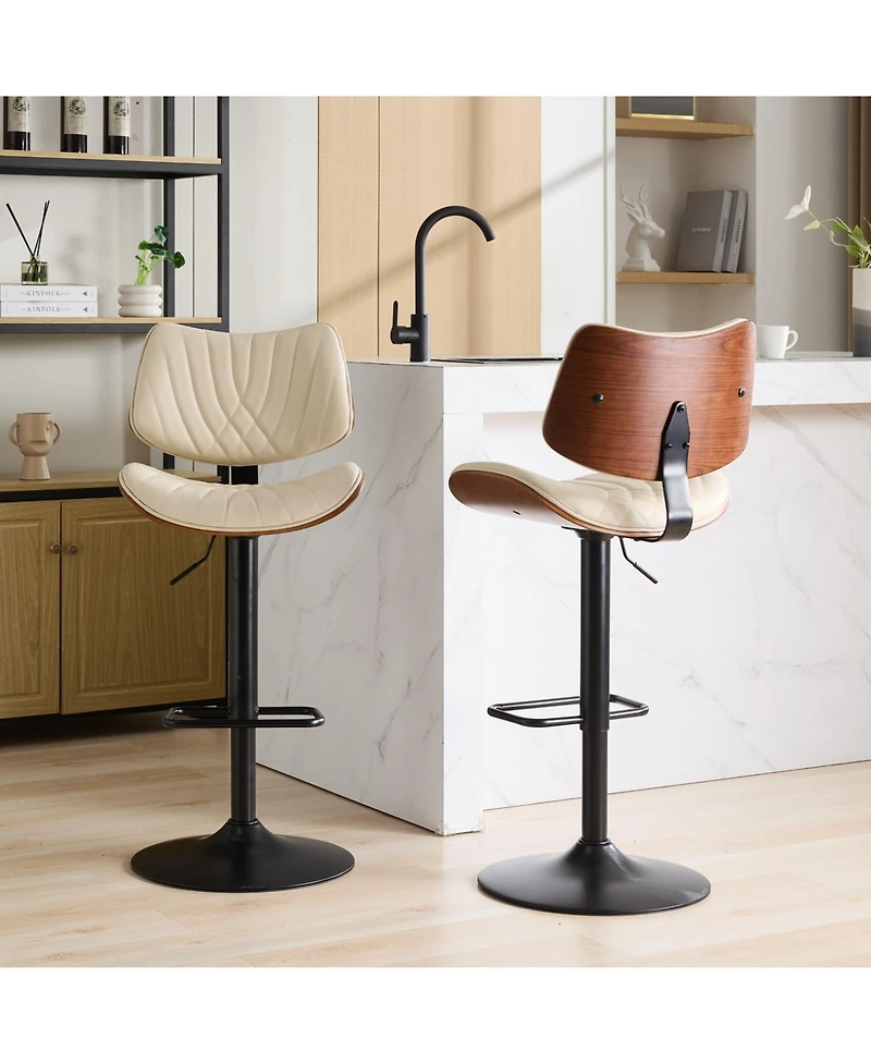Clihome Walnut Bentwood Bar Stools Mid Century Modern Adjustable Counter Height Black Leather Upholstered 360degree(s)Swivel of 2