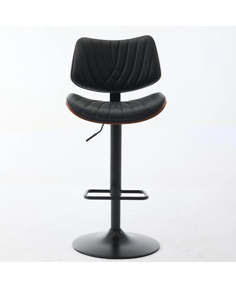 Clihome Walnut Bentwood Bar Stools Mid Century Modern Adjustable Counter Height Black Leather Upholstered 360degree(s)Swivel of 2