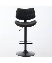 Clihome Walnut Bentwood Bar Stools Mid Century Modern Adjustable Counter Height Black Leather Upholstered 360degree(s)Swivel of 2