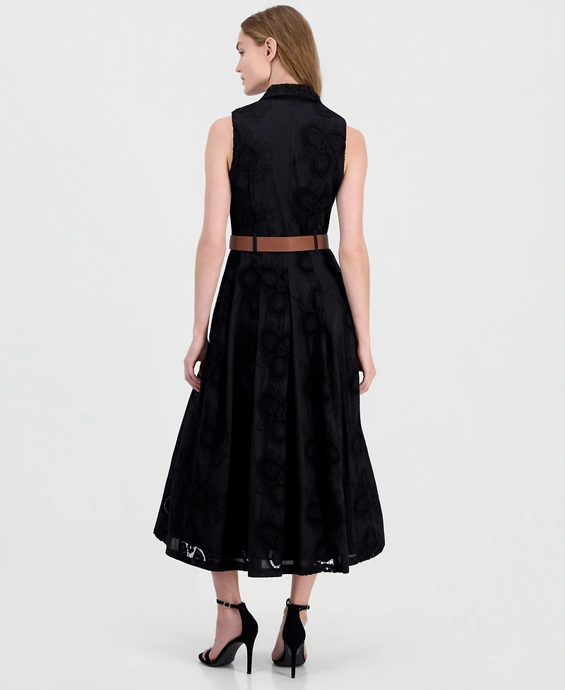 Anne Klein Women's Belted Eyelet Embroidered Cotton Midi Dress