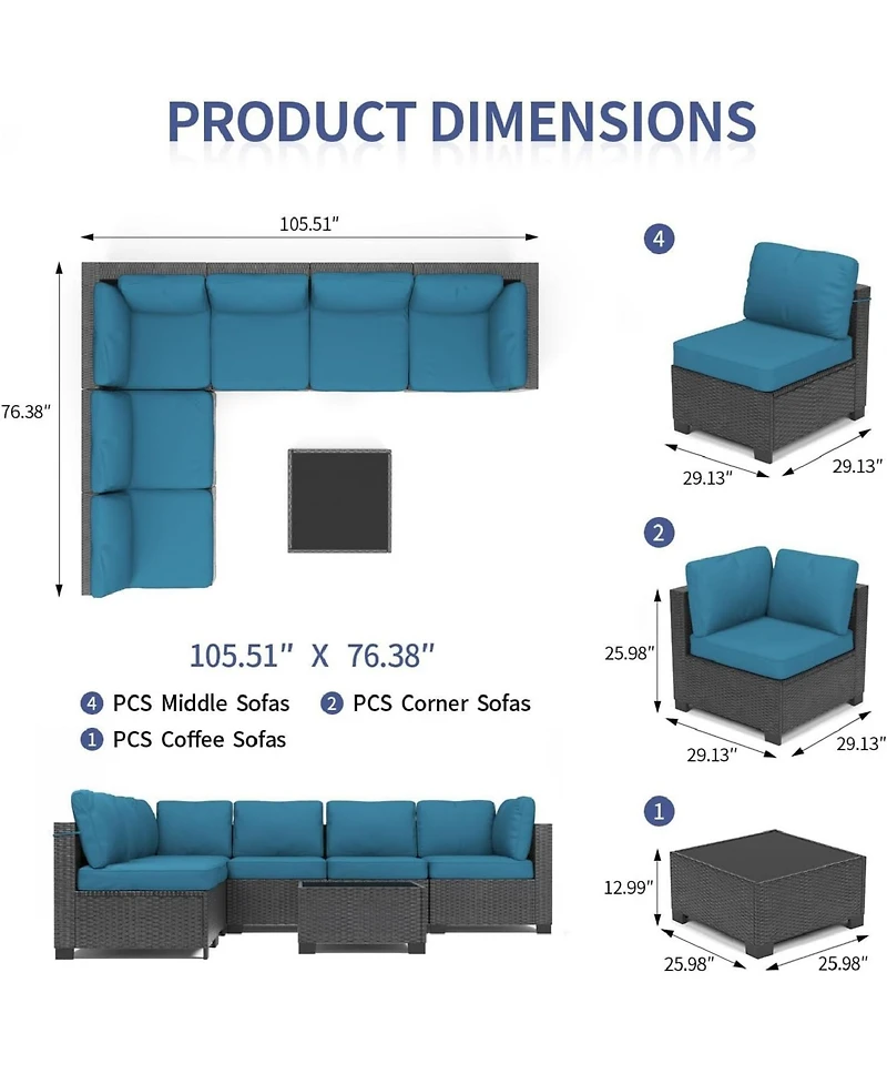 GarveeLife 7 Piece Patio Furniture Set, Outdoor Modular Wicker Sectional Couch with Tempered Glass Coffee Table with Washable Cushions for Backyard