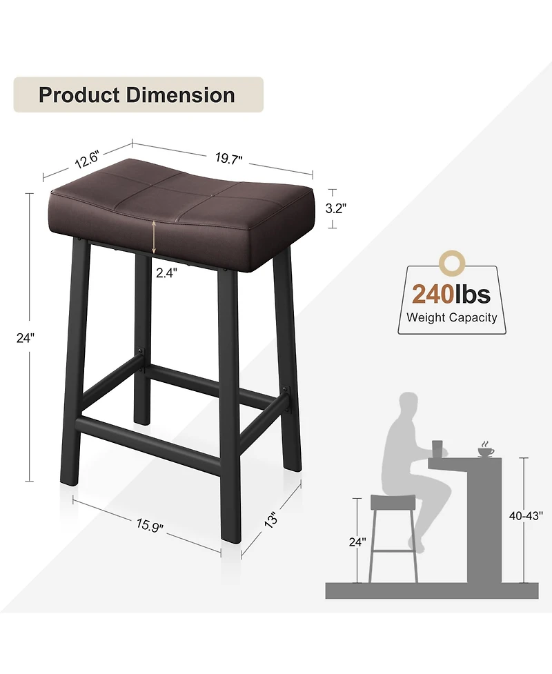 homfan Counter Height Bar Stools Set of 4, 24 Inch Saddle Barstools with Curved Surface, Leather Kitchen Island Chairs for Dining Room