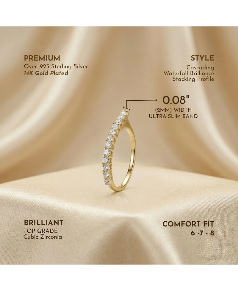 14k Yellow Gold Plated with Cubic Zirconia Waterfall Square Top Stacking Ring Sterling Silver