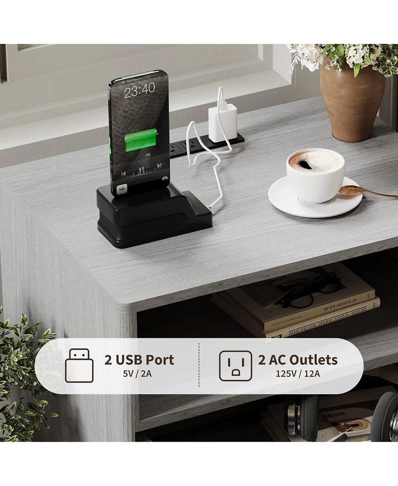 homfan Modern Fluted Bedside Tables, Charging Station with Usb Ports and Power Outlets, 2 Drawers Open Shelf, End Table for Bedroom Living Room