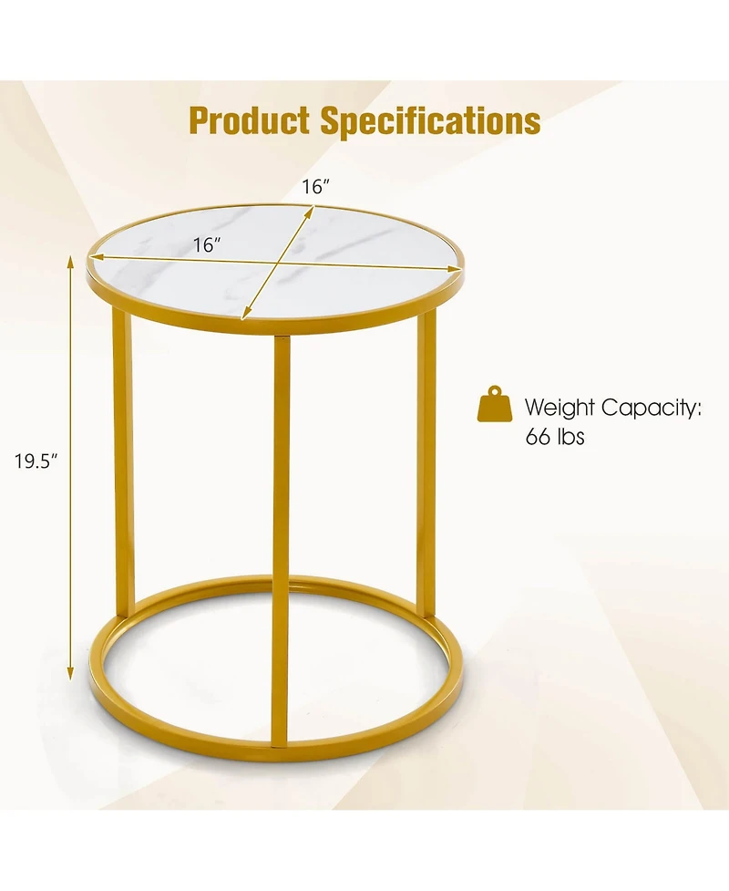Gymax Sintered Stone Top Round Side Table 16''x16'' End Table with Golden Metal Frame