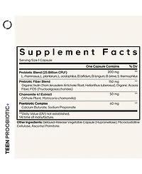 Codeage Teen Probiotic Plus 25B Cfu, Prebiotics, Postbiotics, Chamomile, Gut and Digestion Support, 30 Capsules