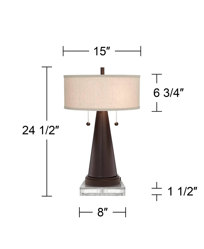 Franklin Iron Works Craig Rustic Farmhouse Table Lamps Set of 2 with Square Risers 24 1/2" High Bronze with Usb Charging Port Natural Shade for Desk