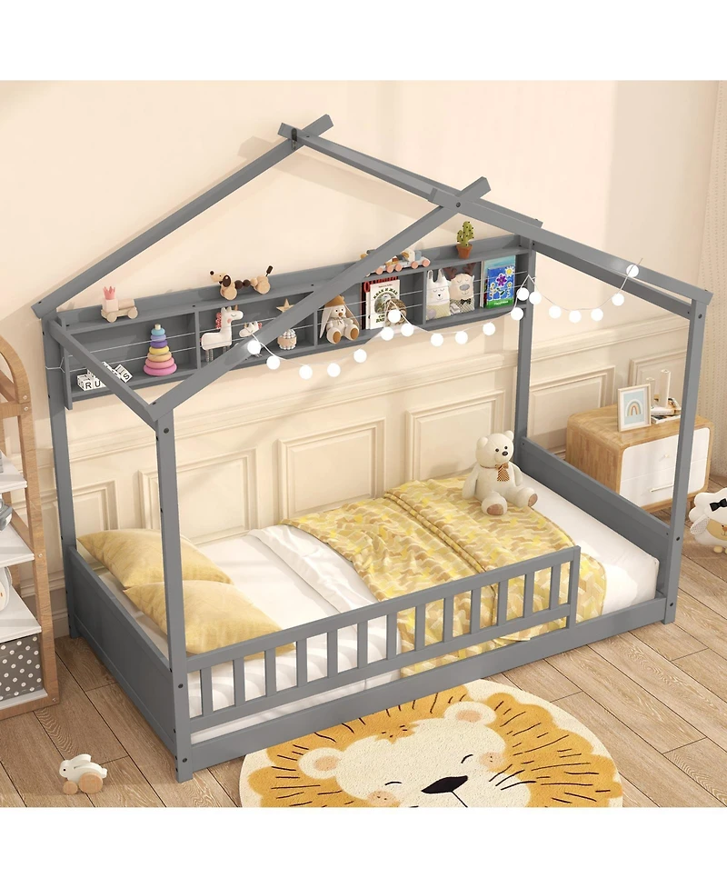 Slickblue Twin Size Kids House Bed with Shelf and Headboard
