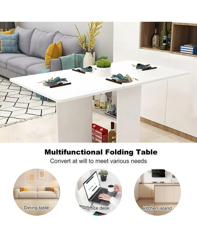 Rainsken Folding Dining Table, Drop Leaf Table with 6 Wheels and 2-Layer Storage Shelf for Small Spaces, Modern Rectangular Kitchen Dining Table