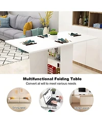 Rainsken Folding Dining Table, Drop Leaf Table with 6 Wheels and 2-Layer Storage Shelf for Small Spaces, Modern Rectangular Kitchen Dining Table