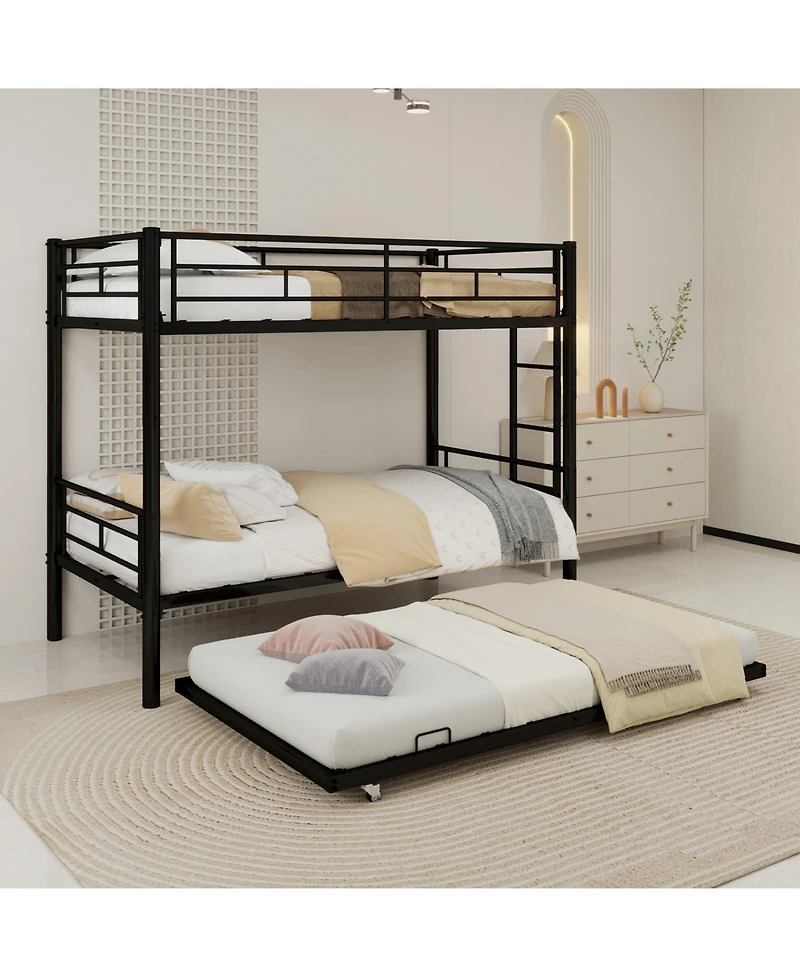 Rainsken Metal Twin Over Twin Bunk Bed with Trundle, Sturdy Heavy Duty Bunk Bed, with Ladders and Safety Guardrail, Noise Reduced,No Box Spring Needed