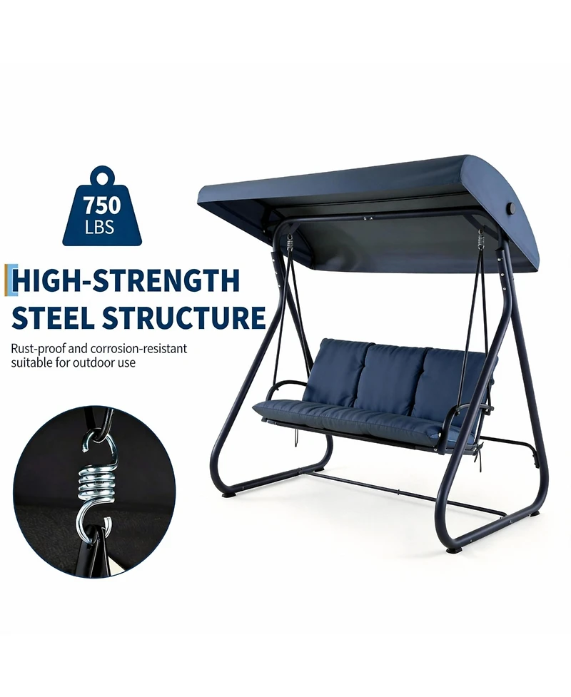 Homfan 3-Seat Outdoor Convertible Swing with Adjustable Canopy, 2-in-1 Bench/Bed, Cushions, 750 lb Capacity