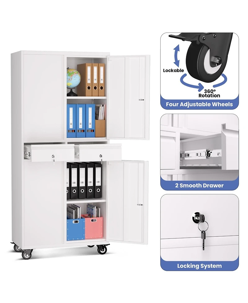 Gaomon 73" Heavy Duty Metal Storage Cabinet with Wheels, Locking Doors and 2 Drawers for Garage, Workshop, Office