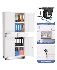 Gaomon 73" Heavy Duty Metal Storage Cabinet with Wheels, Locking Doors and 2 Drawers for Garage, Workshop, Office