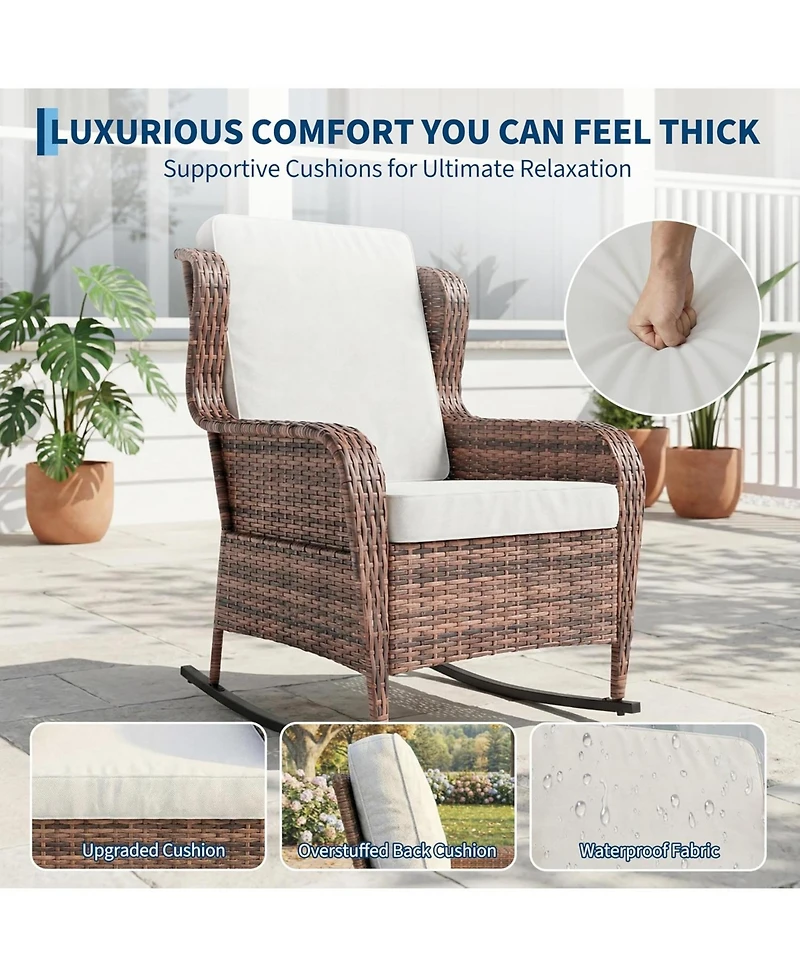 GarveeLife Outdoor Resin Wicker Rocking Chair with Cushions, All-Weather Patio Rocker for Porch, Deck, Garden or Balcony