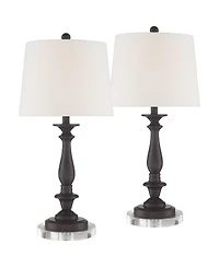 Regency Hill Rustic Farmhouse Table Lamps Set of 2 with Round Riser Bronze White Fabric Drum Shade for Living Room Bedroom House
