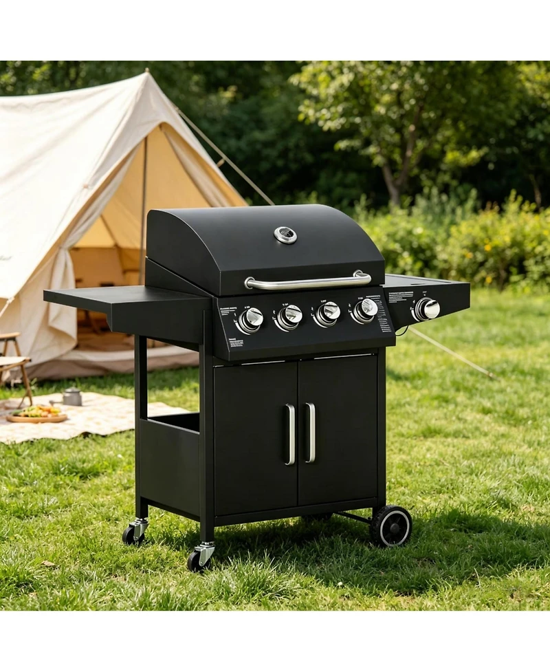 Yiortwo 4+1 Burner Liquid Propane Gas Grill with Side Burner, Wheels and Storage Cabinet