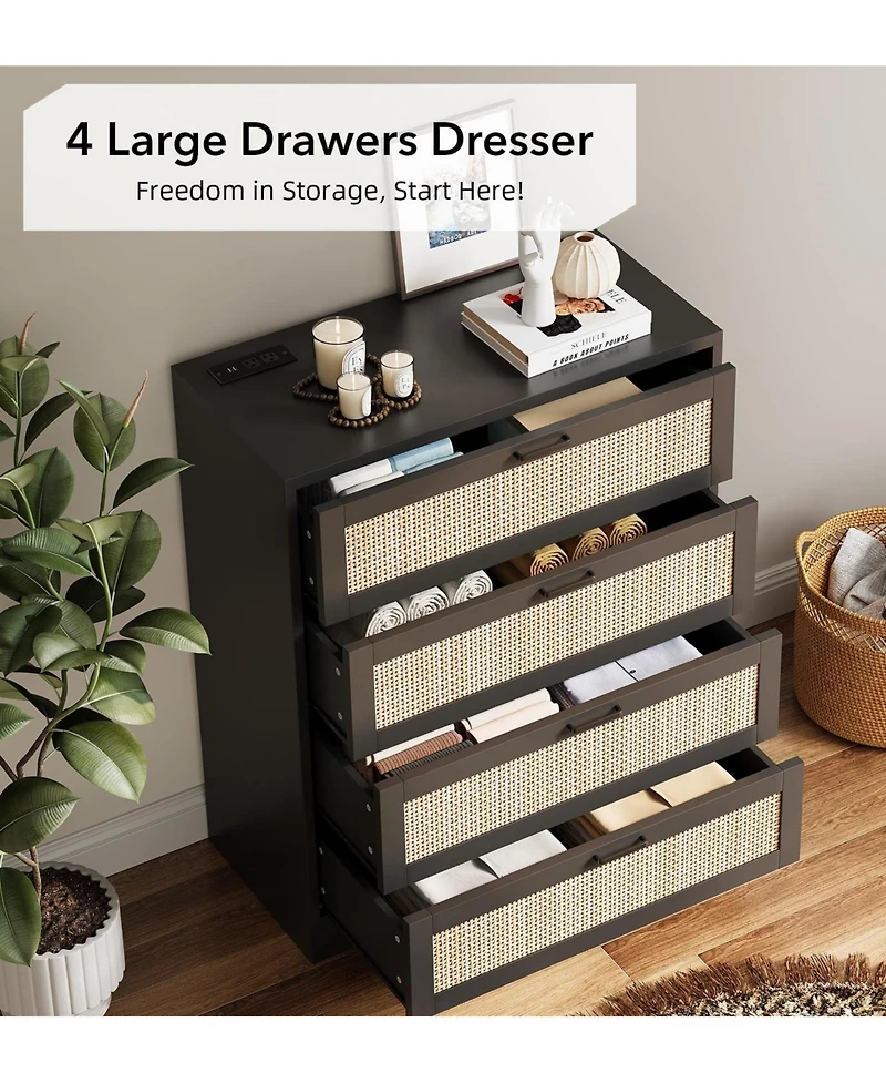 gaomon 4 Drawer Rattan Dresser with Power Outlets, Wood Chest for Bedroom